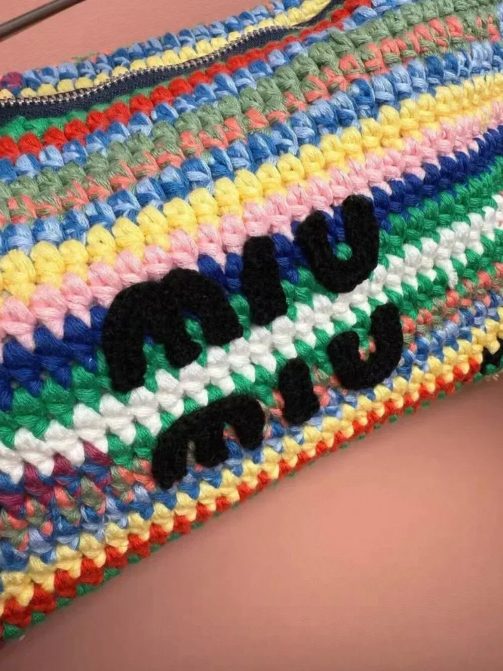 Miu Miu Rainbow Striped Hand Crochet Leather Strap Zip Hobo Shoulder Bag